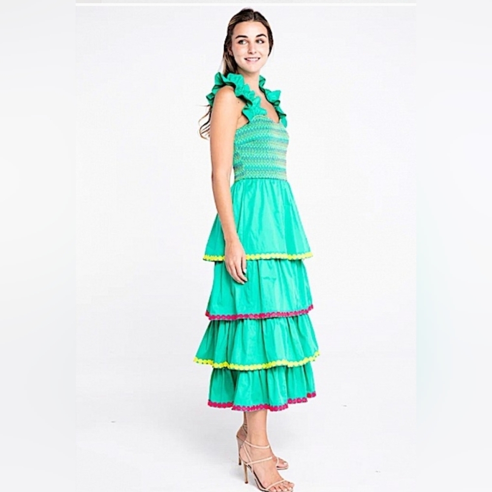Alden Adair Euc Jade Green Frida Tiered Ruffle Smocked Midi Dress Sz S 4-6